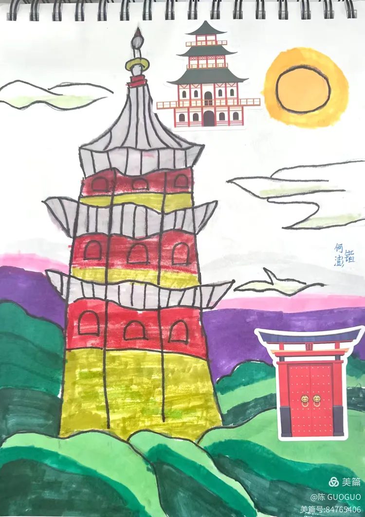 《家乡的古建筑》五(2)班美术课堂作业展示